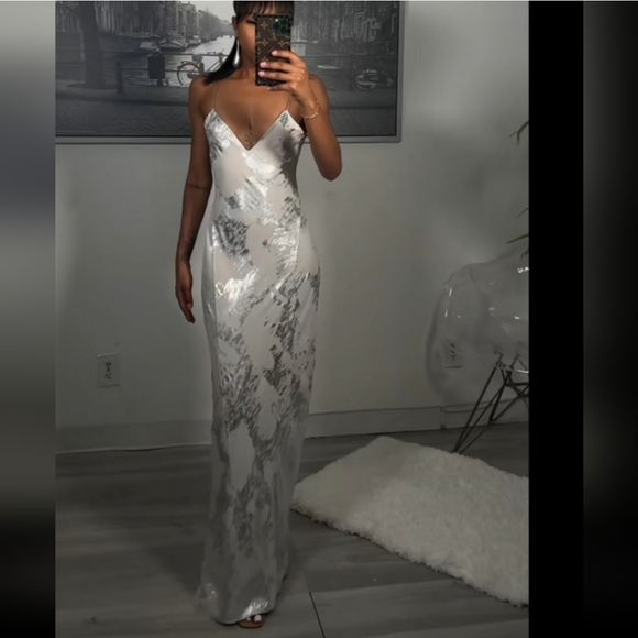 Zara Metallic Foil Slip Dress Maxi Size L - Picture 10 of 16
